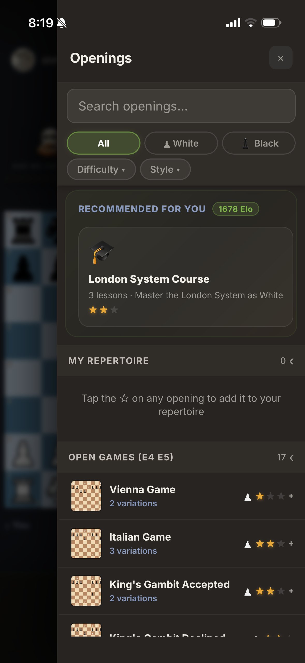 Chessy Openings library showing London System Course recommended for 1678 ELO player, plus Vienna Game, Italian Game, King's Gambit Accepted in Open Games category