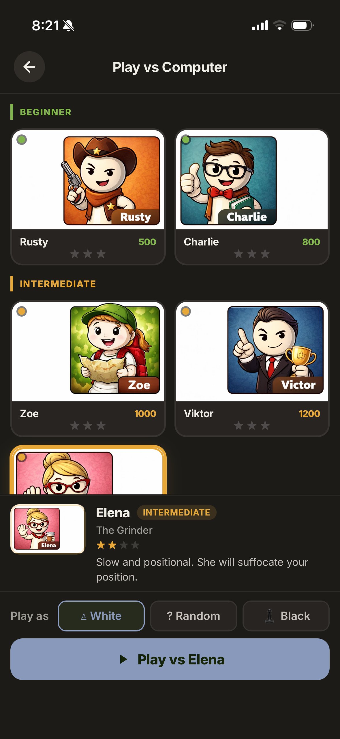 Chessy Play vs Computer screen showing personality bots Rusty 500, Charlie 800, Zoe 1000, Viktor 1200, Elena 'The Grinder' with slow positional style