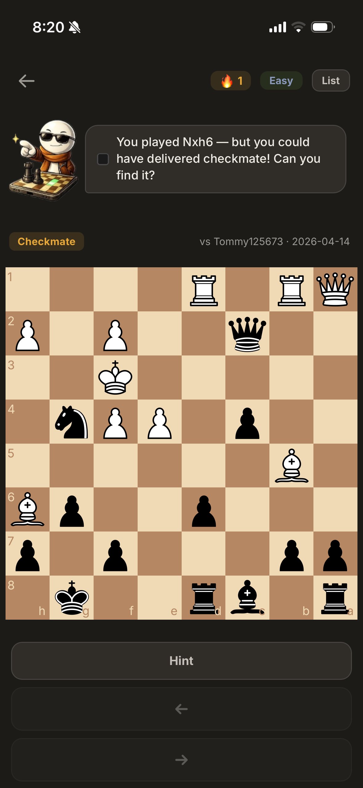 Chessy personalized puzzle showing 'You played Nxh6 but you could have delivered checkmate' with a chess position from a real game
